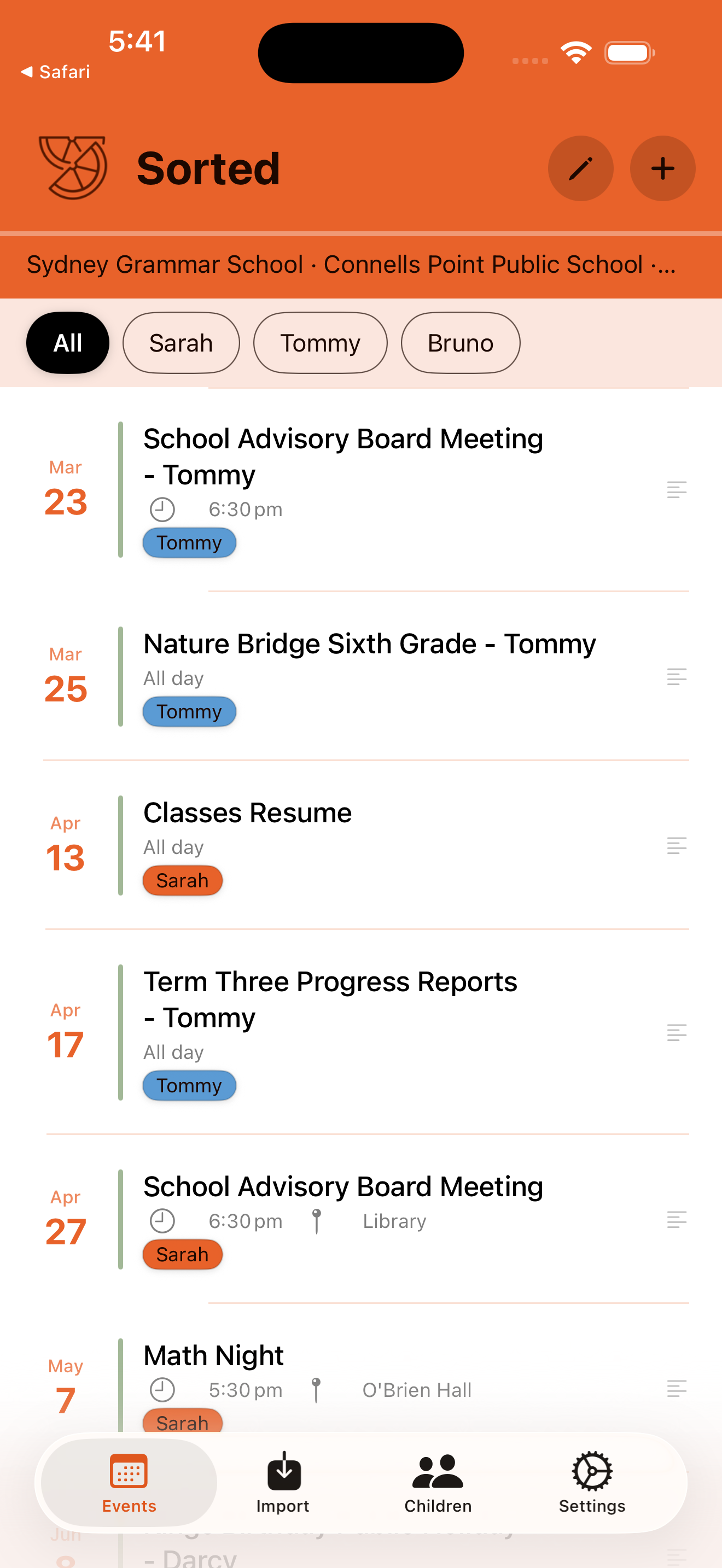Sorted app showing school events